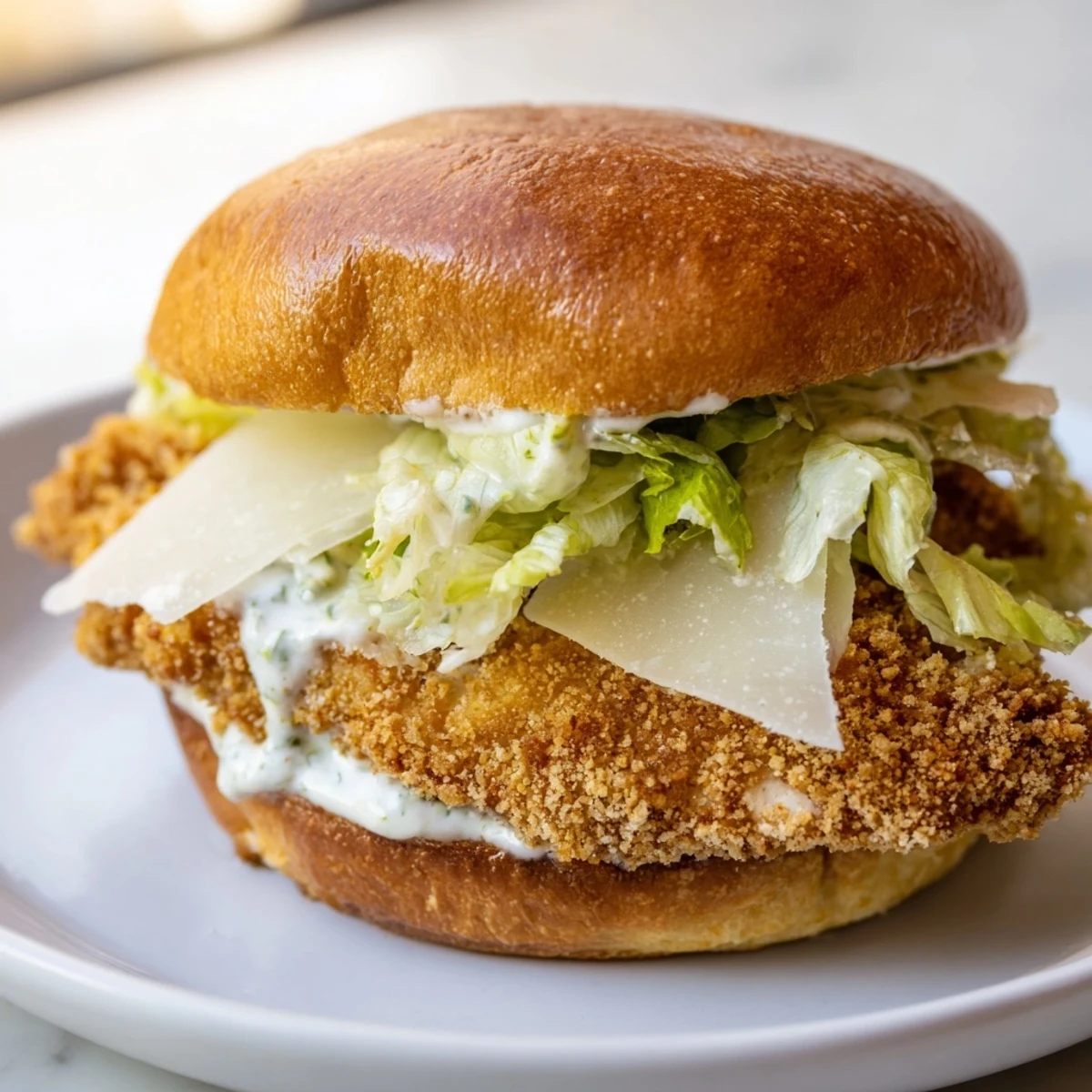 A golden crispy chicken fillet sits on a toasted brioche bun, layered with creamy Caesar dressing and fresh romaine lettuce.