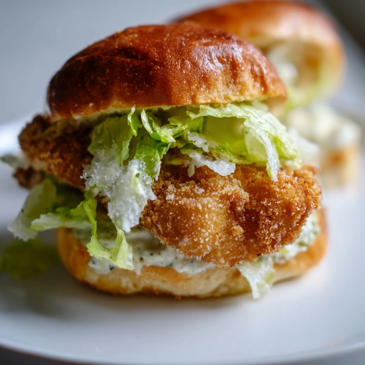 Golden fried chicken is piled high on a soft bun with creamy Caesar dressing and crisp romaine for this sandwich.