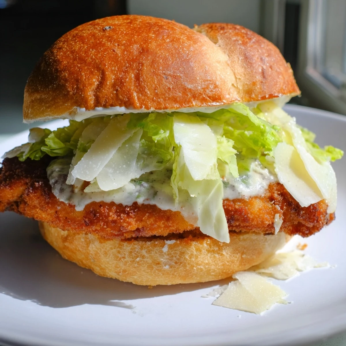 Marry Me Crispy Chicken Caesar Sandwich showcases juicy chicken, shaved Parmesan, and fresh greens on a toasted bun.