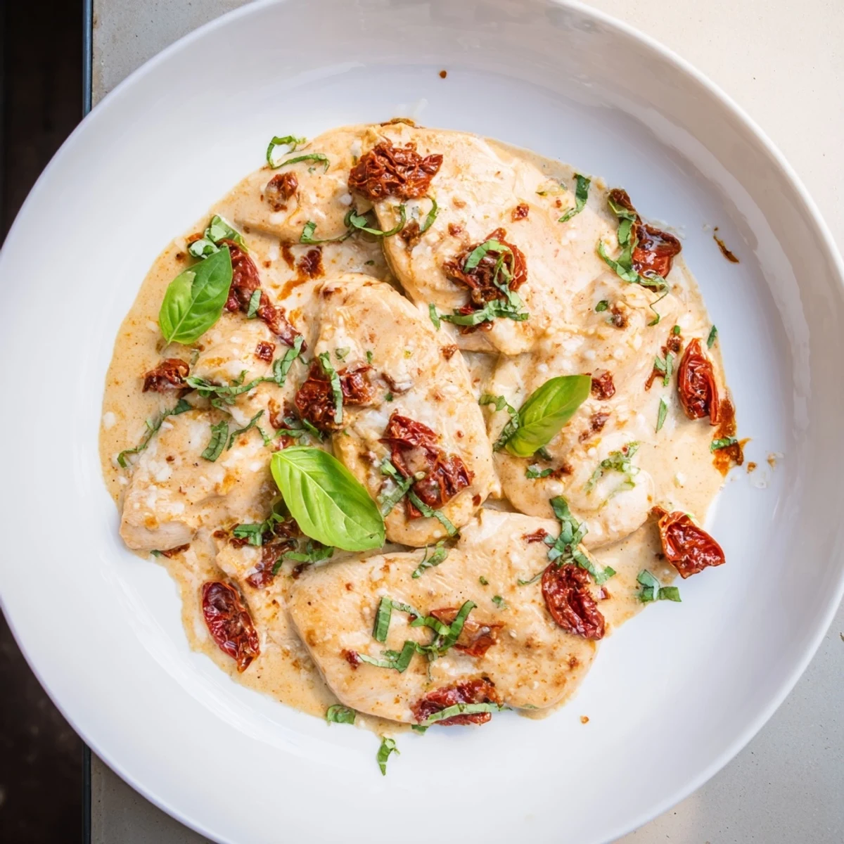A close-up of Marry Me One Pan Chicken in Sun-Dried Tomato Cream Sauce garnished with fresh basil.