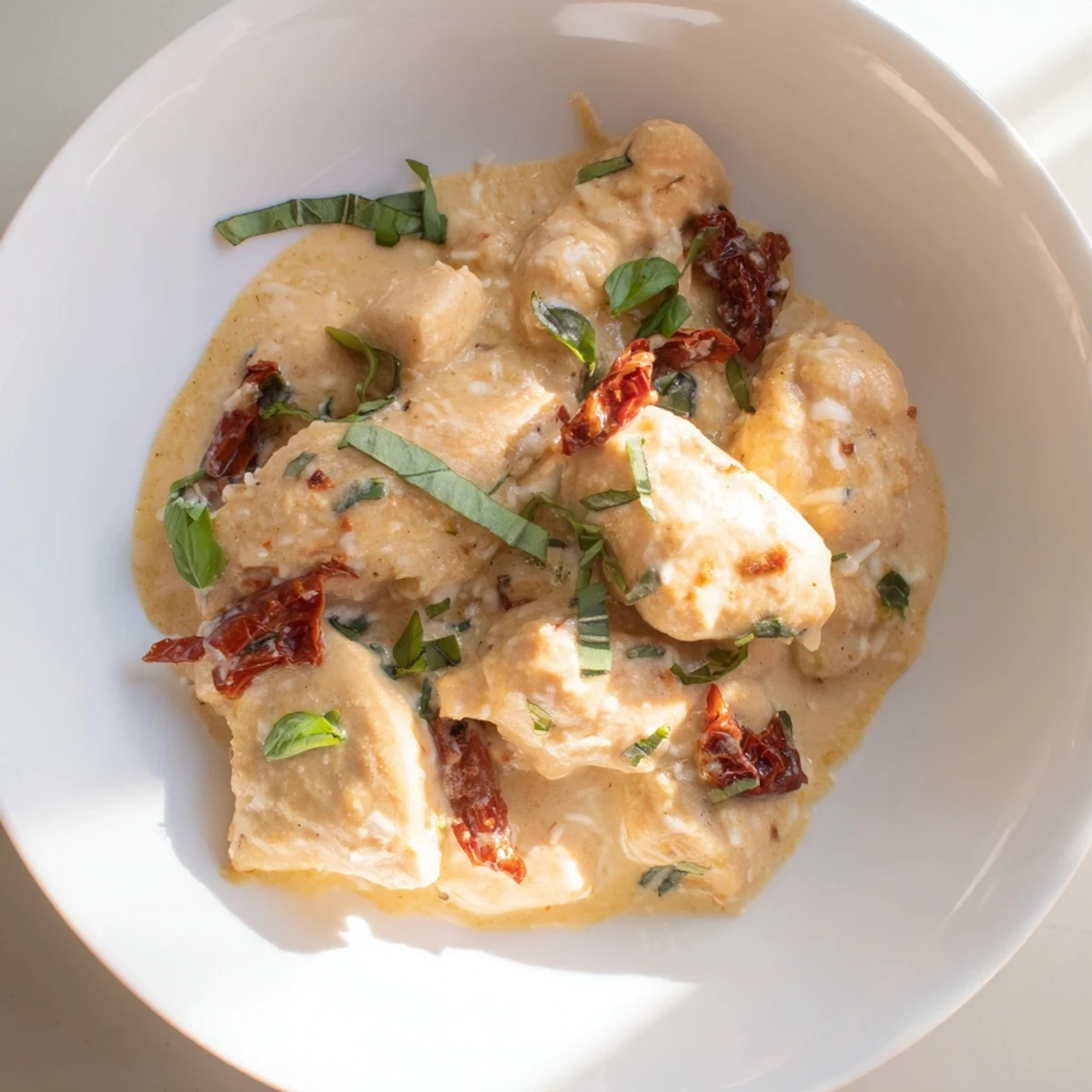 Sizzling golden chicken breasts nestled in a creamy, rich sun-dried tomato sauce in a single pan.