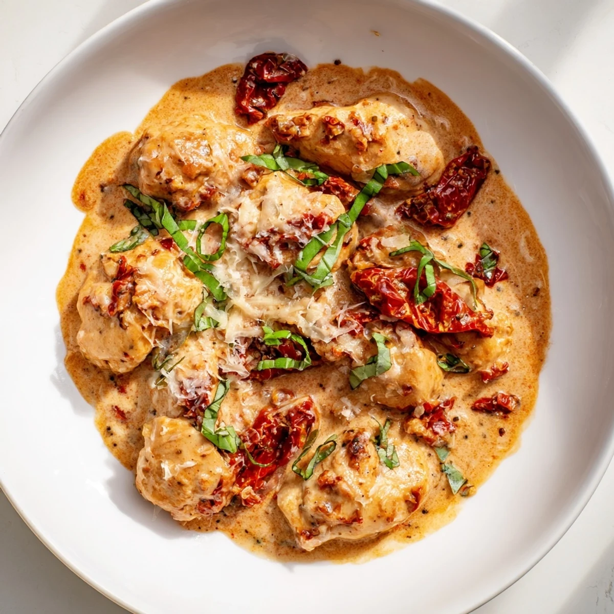 Serving suggestion for Marry Me One Pan Chicken in Sun-Dried Tomato Cream Sauce over a bed of pasta.