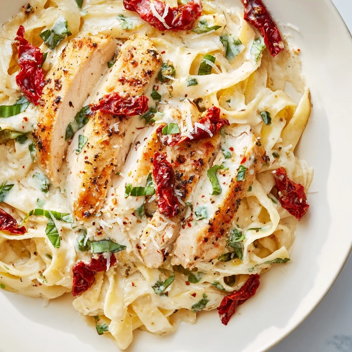 Steamy close-up of the Marry Me Garlic Parmesan Chicken Pasta, showing silky sauce coating every noodle and tender chicken pieces ready for a comforting family dinner.
