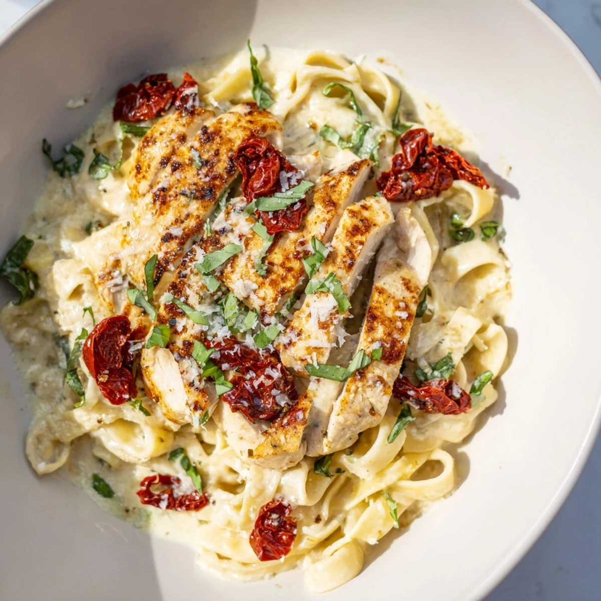 Golden-brown seared chicken slices nestled in penne with a creamy Parmesan sauce, flecked with sun-dried tomatoes and fresh basil in the Marry Me Garlic Parmesan Chicken Pasta.