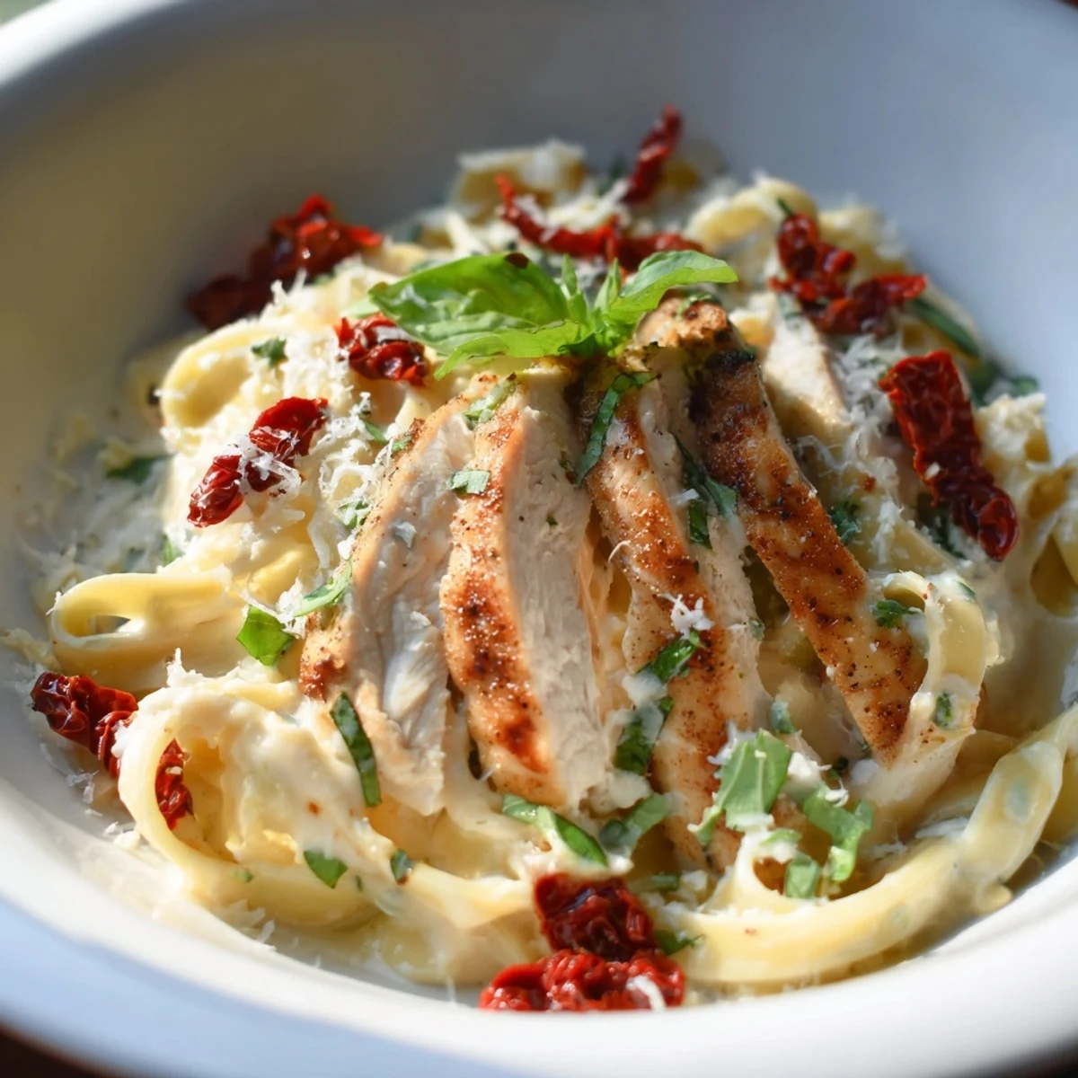 A rustic skillet serving of Marry Me Garlic Parmesan Chicken Pasta garnished with grated Parmesan and basil leaves, next to a glass of white wine for a romantic meal.