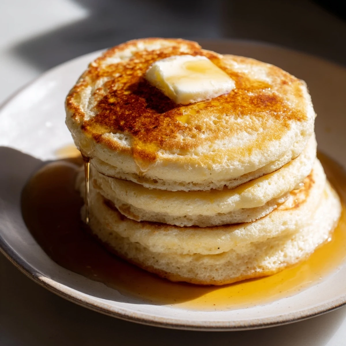 A stack of fluffy, golden-brown Sourdough Discard Pancakes drizzled with maple syrup and topped with fresh berries.