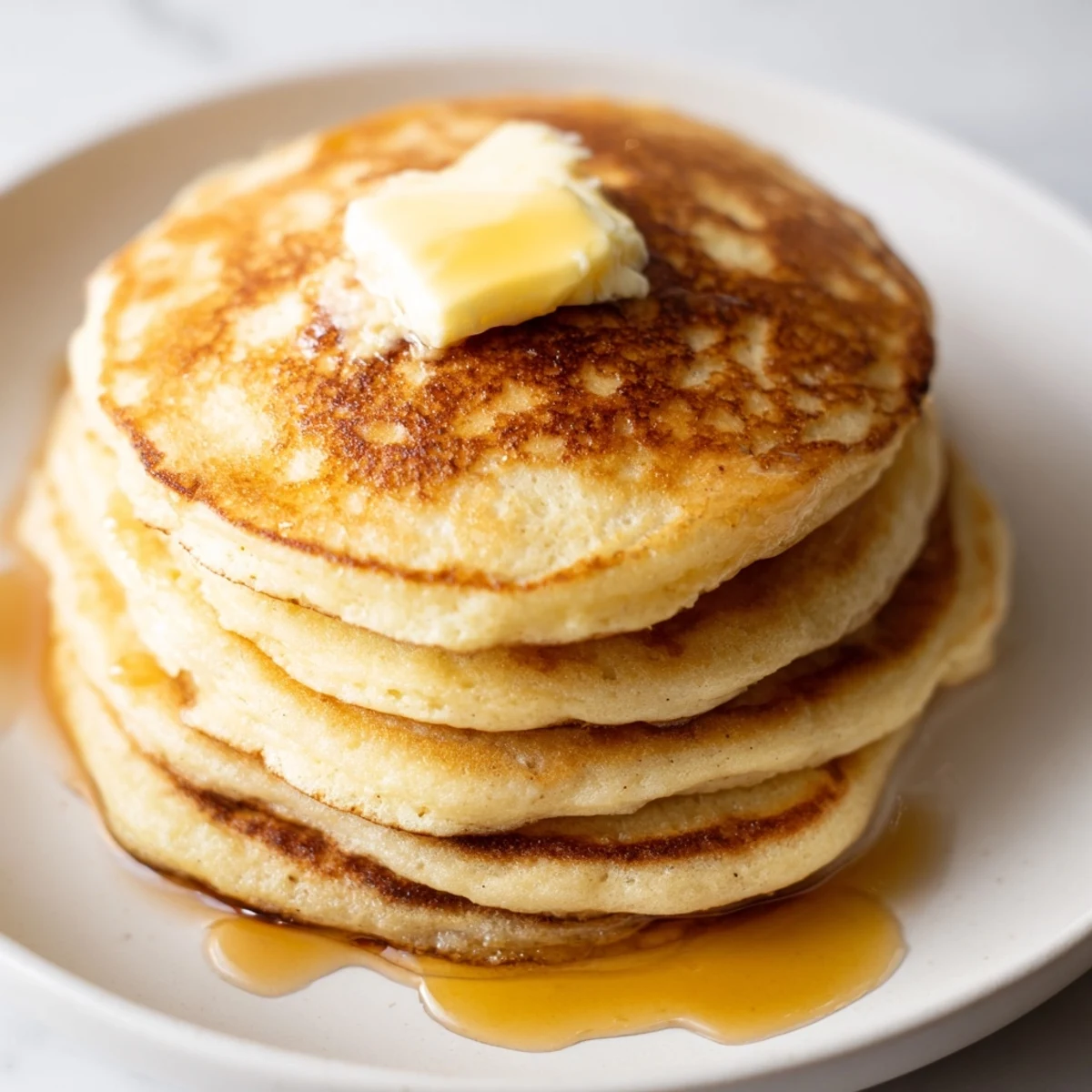 Perfectly cooked Sourdough Discard Pancakes resting on a plate with melted butter and a side of fruit.