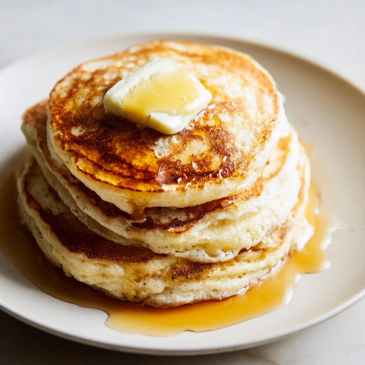 Morning light highlights a plate of warm Sourdough Discard Pancakes ready for a delicious American breakfast.