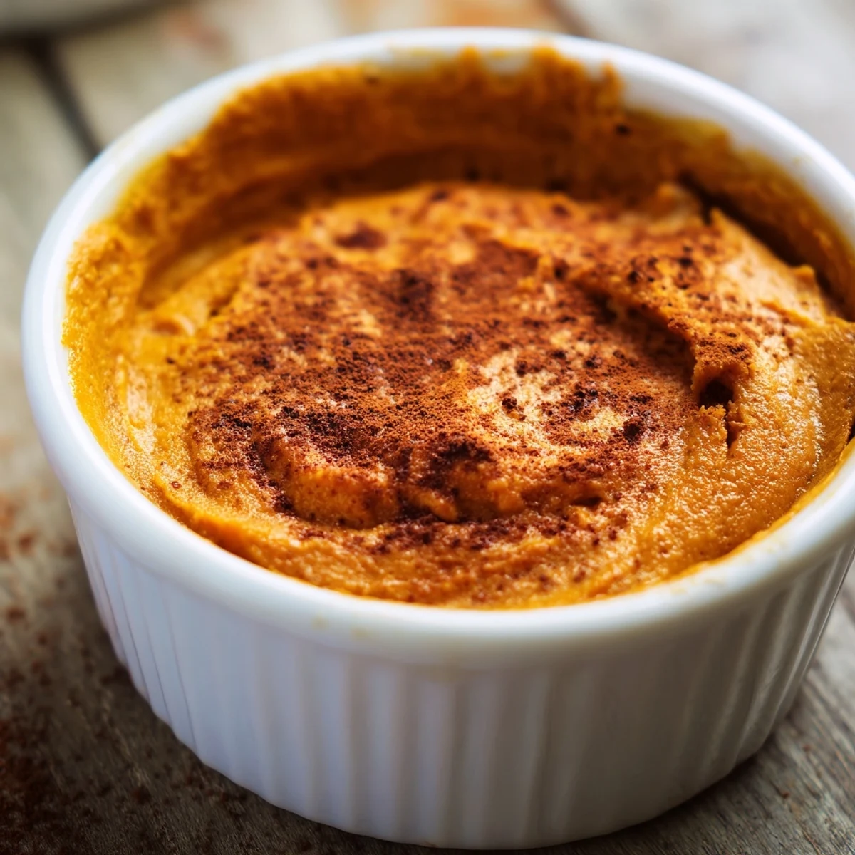 A slice of warm Baked Pumpkin Spice Pudding with a dollop of whipped cream and a dusting of cinnamon.