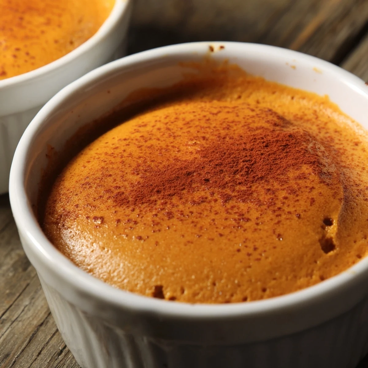 Freshly baked Baked Pumpkin Spice Pudding in ramekins, showcasing a creamy, spiced autumn dessert perfect for gatherings.