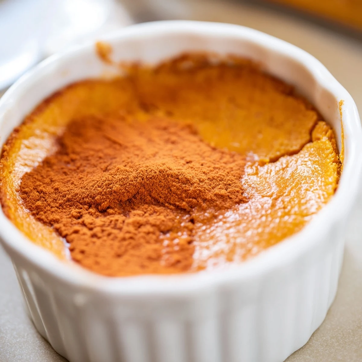 Close-up of Baked Pumpkin Spice Pudding topped with whipped cream, highlighting its rich, comforting texture and aroma.