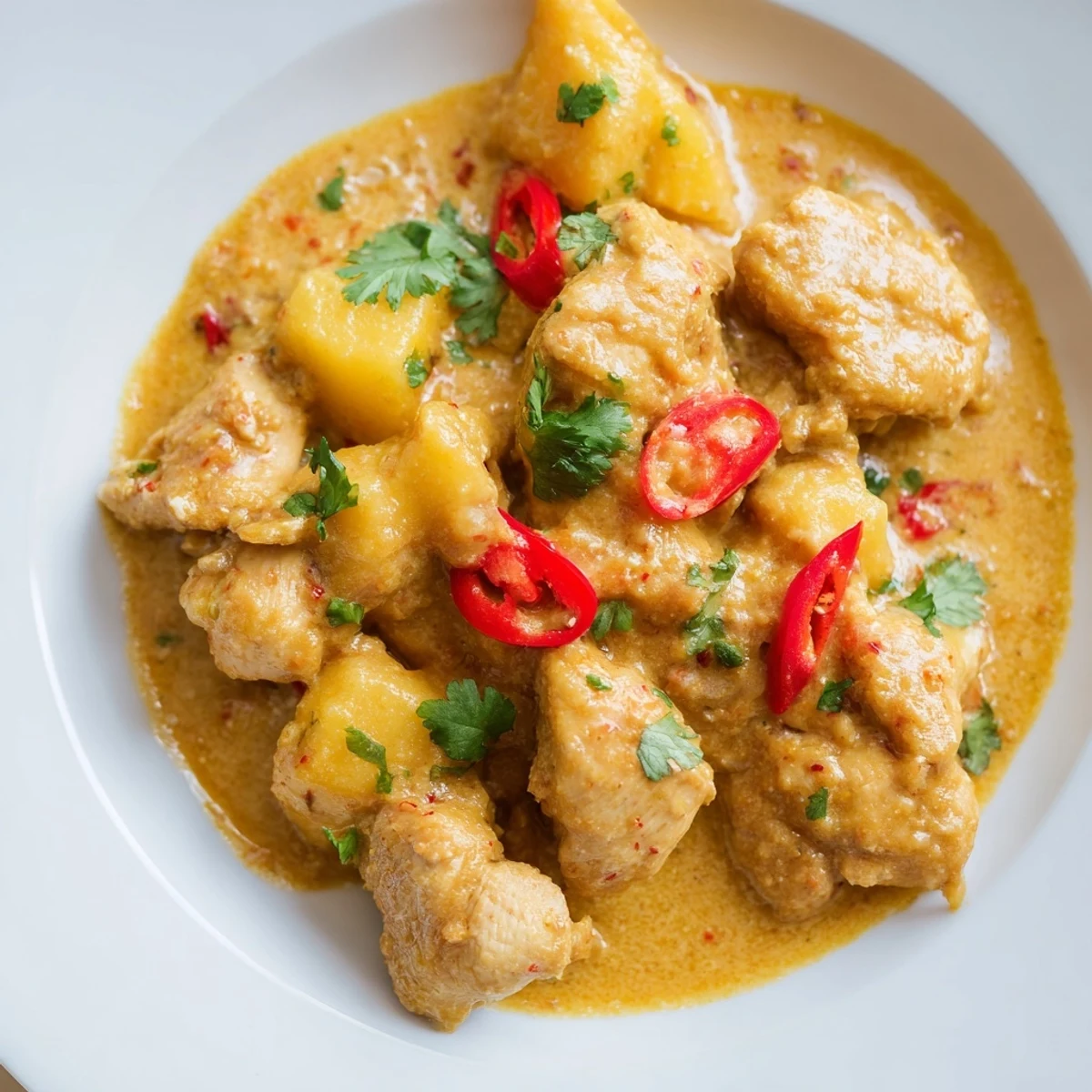 Close-up of golden chicken pieces coated in a vibrant mango chicken curry sauce, garnished with fresh cilantro and served alongside steaming basmati rice.