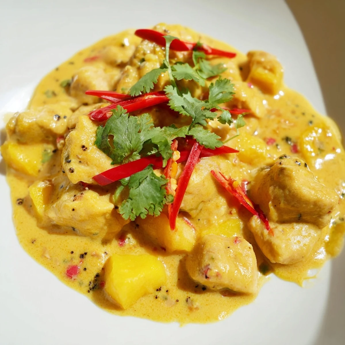 Creamy mango chicken curry simmering in a pot with tender chicken, rich coconut sauce, and a sprinkle of red chili for heat.