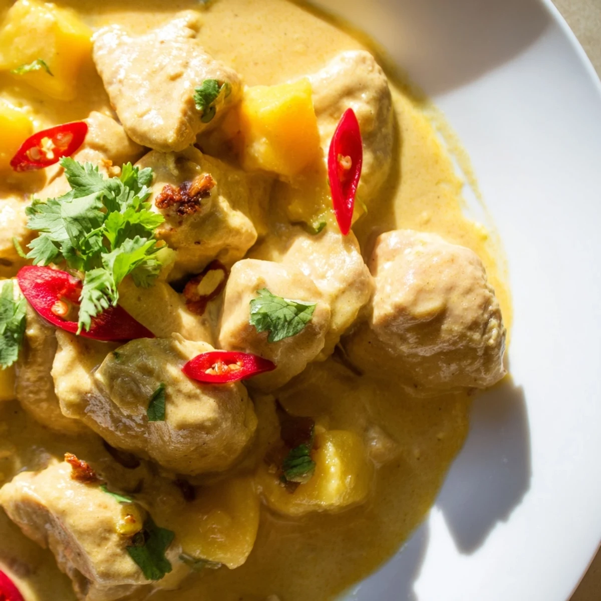 Aerial view of mango chicken curry in a bowl with fluffy rice, fresh cilantro garnish, and warm naan bread on the side.