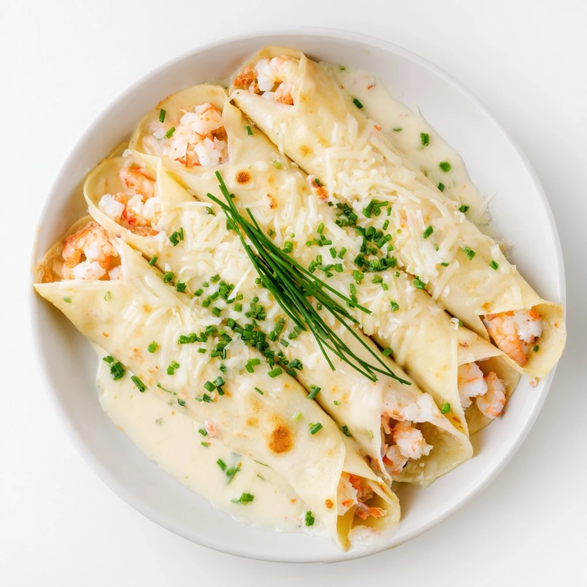 Golden-brown Gourmet Seafood Crêpes with Homemade Béchamel Sauce sit bubbling in a ceramic dish, garnished with fresh parsley.