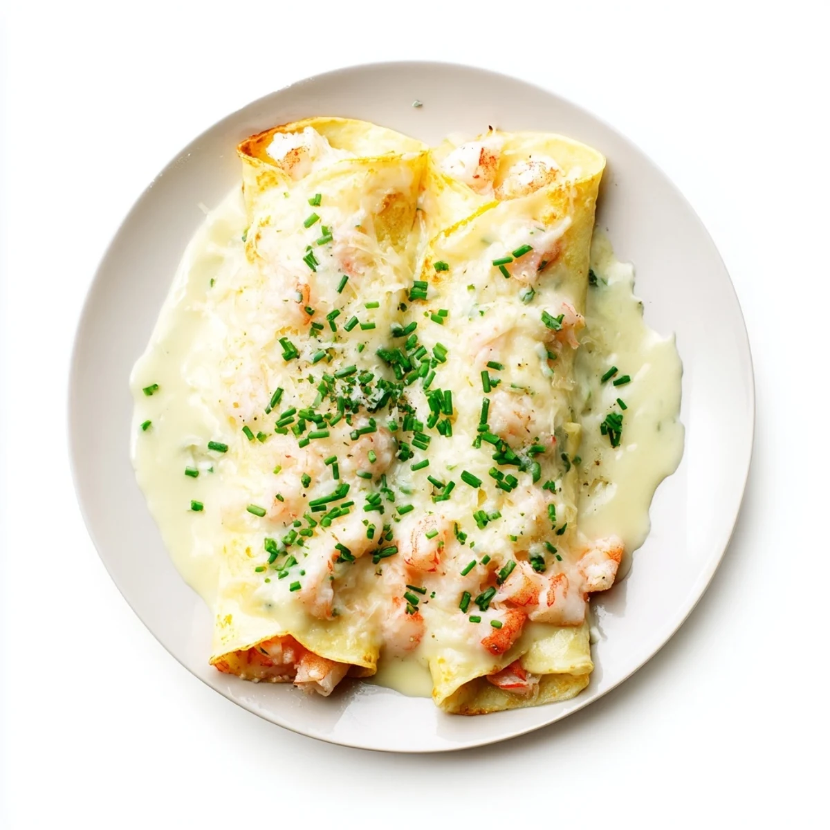 A close-up view of Gourmet Seafood Crêpes with Homemade Béchamel Sauce showing creamy sauce draped over rolled crêpes.