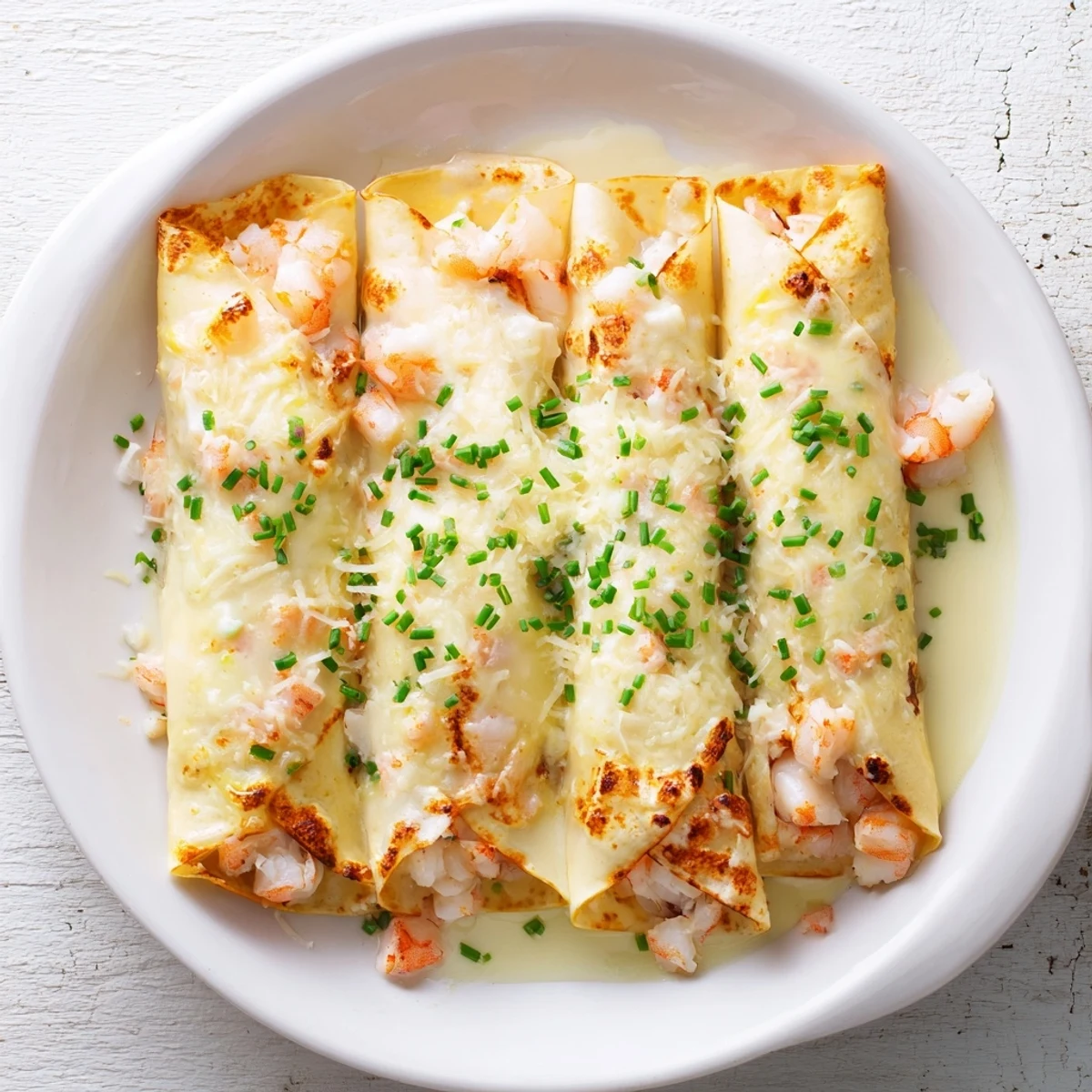 Serve Gourmet Seafood Crêpes with Homemade Béchamel Sauce hot from the oven with a sprinkle of chives and white wine.