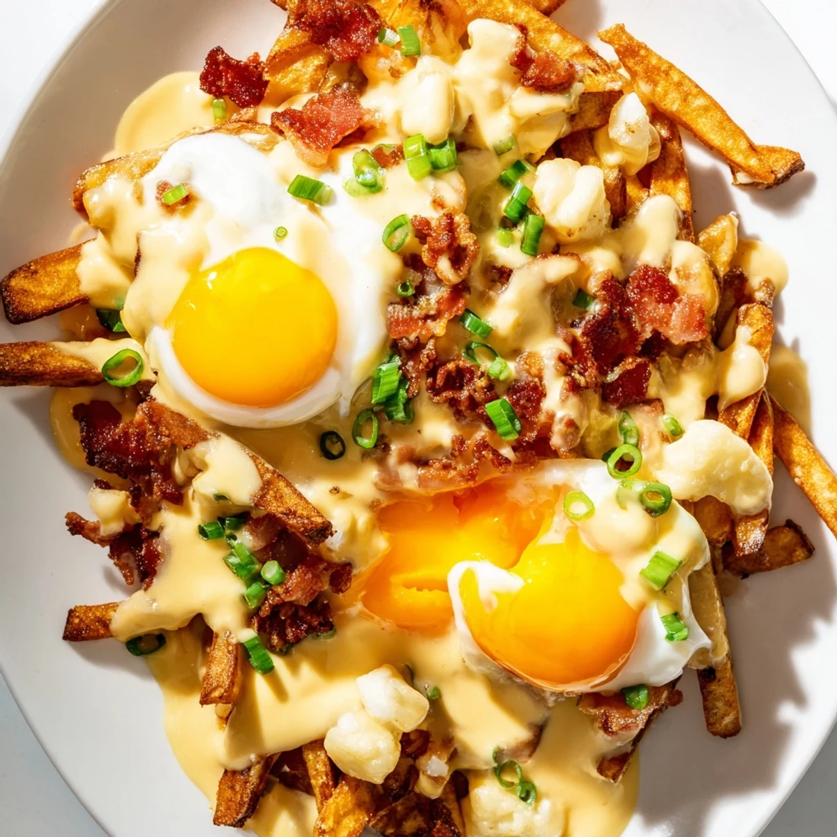 Golden crispy russet potato fries topped with fresh cheese curds, a sunny-side-up egg, and green onions for a savory Ultimate Breakfast Poutine.