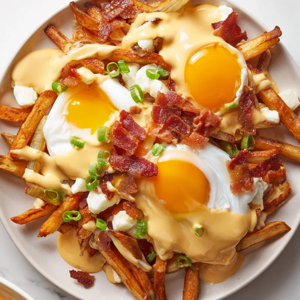 Hearty Ultimate Breakfast Poutine drizzled with creamy homemade Hollandaise sauce, featuring eggs, optional bacon crumbles, and melted cheese curds.