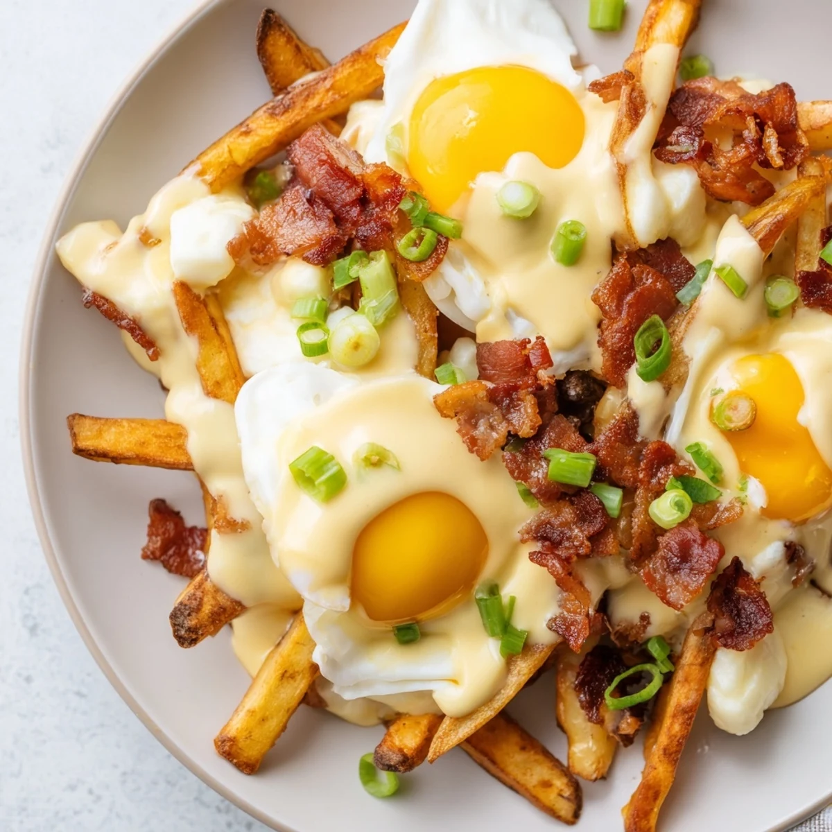 Sizzling brunch plate of Ultimate Breakfast Poutine with golden fries, poached eggs, and rich lemony Hollandaise sauce, ready to serve.