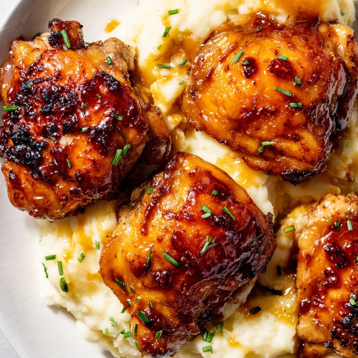 Savory chipotle honey chicken thighs with crispy skin next to buttery smoked Gouda potatoes garnished with fresh chives on a dinner plate.