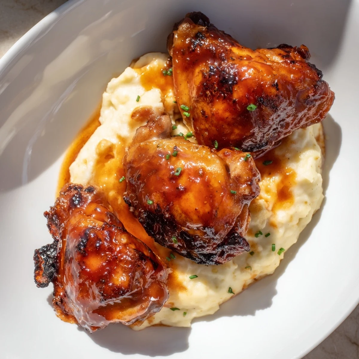 Golden-brown chipotle honey chicken thighs glazed with smoky sweetness sit beside creamy smoked Gouda mashed potatoes on a rustic wooden table.