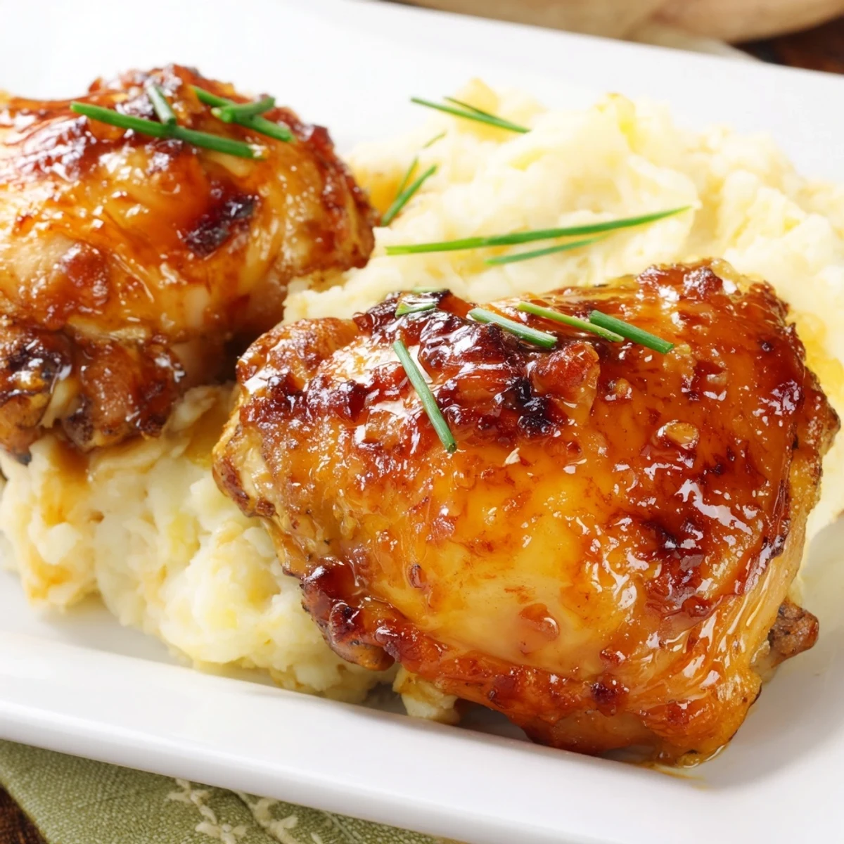 Close-up of tender chipotle honey chicken thighs drizzled with sauce beside fluffy smoked Gouda mashed potatoes on a white ceramic dish.
