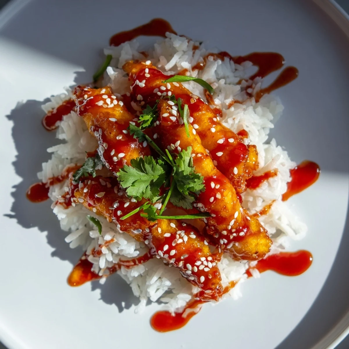 Golden-brown, lightly battered cod strips glazed in a sweet and spicy sauce, served over fluffy jasmine rice with a vibrant chili-garlic drizzle.