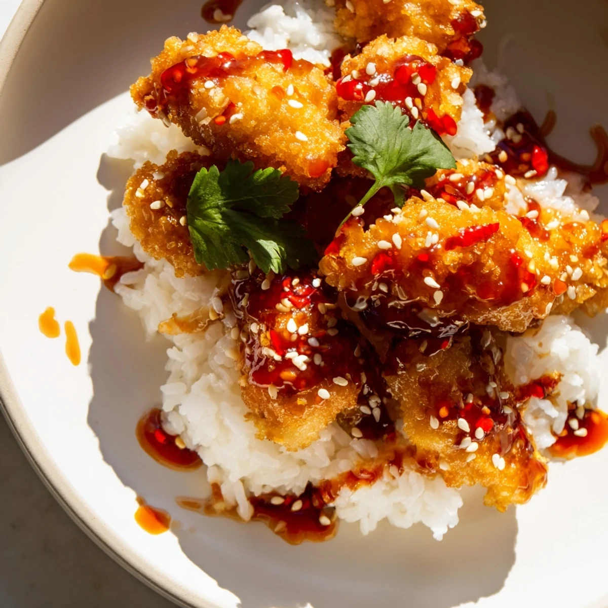 Overhead view of a family-style platter featuring glazed cod strips, steamed rice, and a lime wedge with chili-garlic oil drizzle.