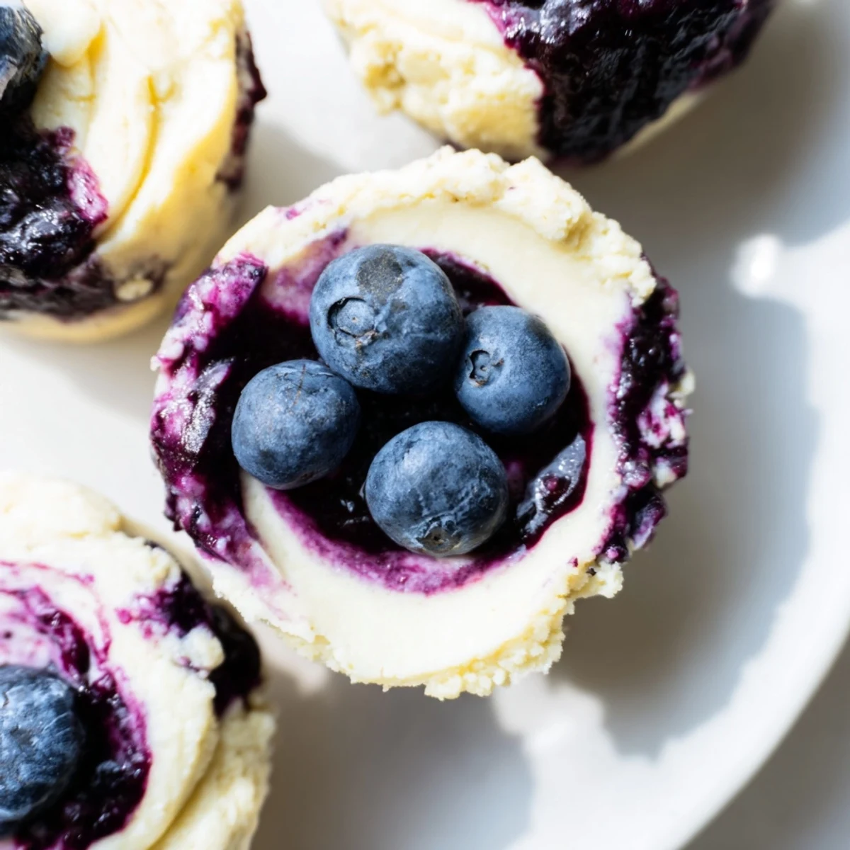 Gluten-free Blueberry Cheesecake Protein Bites on a rustic wood table, showing creamy white filling and bright blueberry swirls.