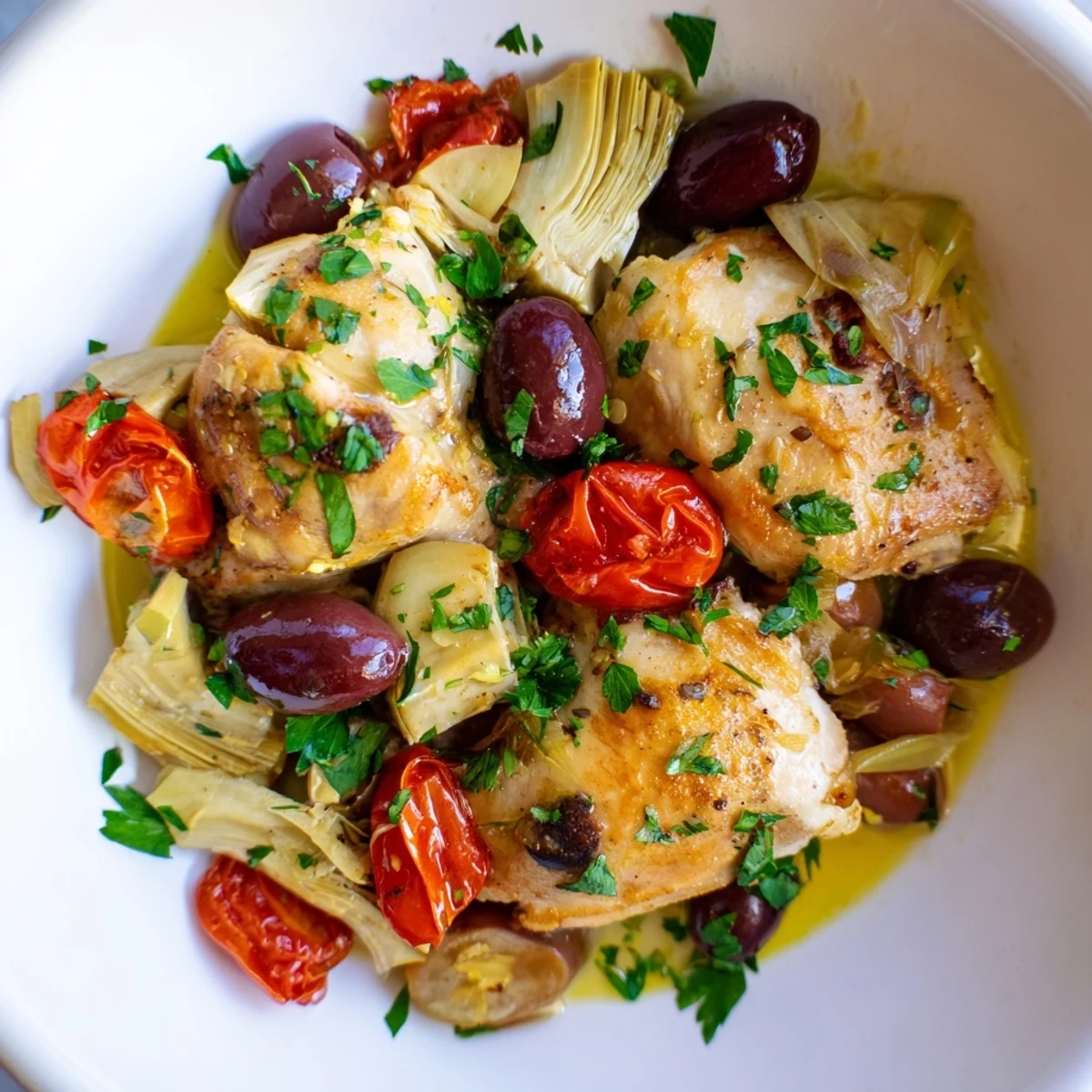 Golden seared chicken breasts simmer in a skillet with Mediterranean lemon sauce, artichokes, and green olives.