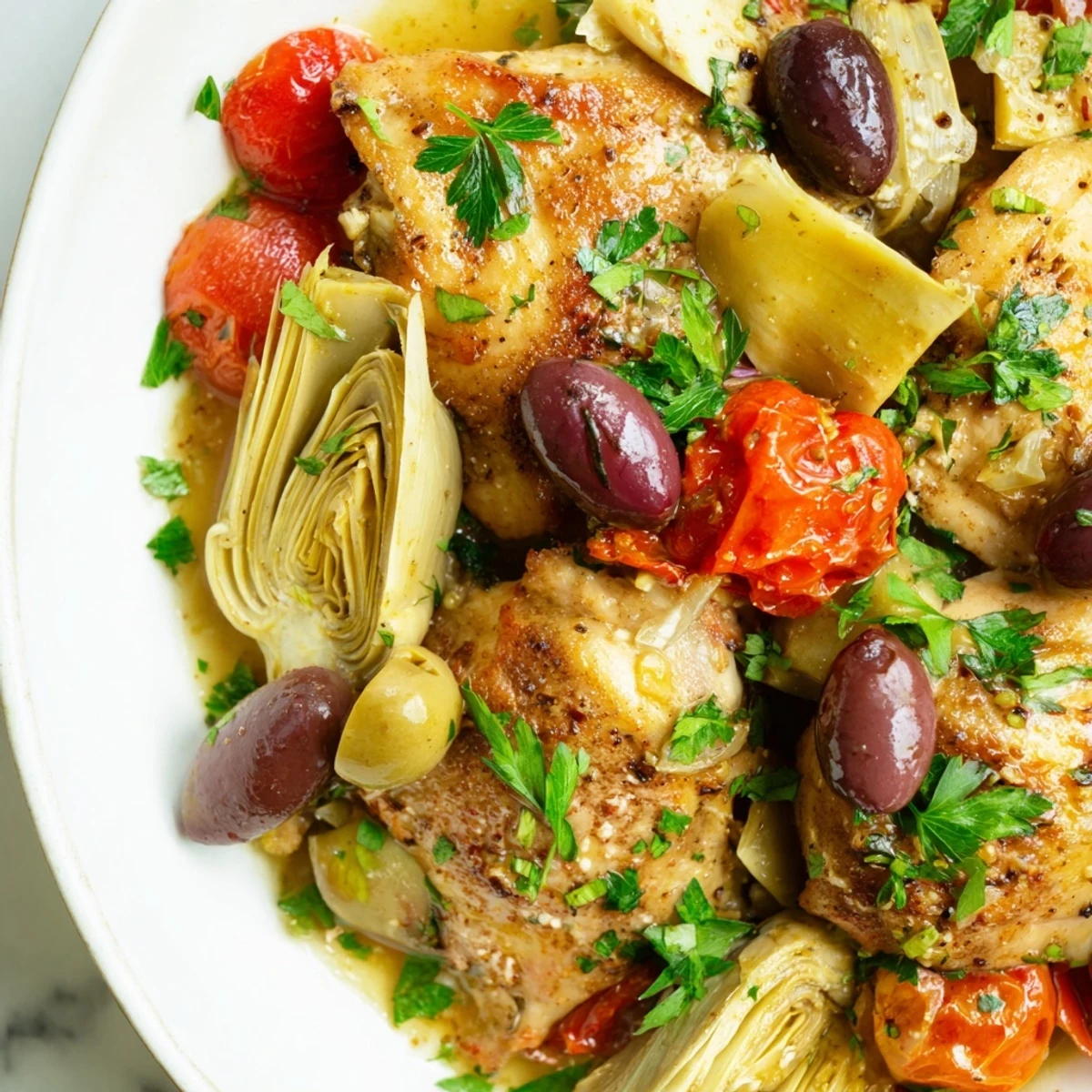 Bright lemon zest and briny olives flavor tender chicken with artichokes and tomatoes in a savory sauce.