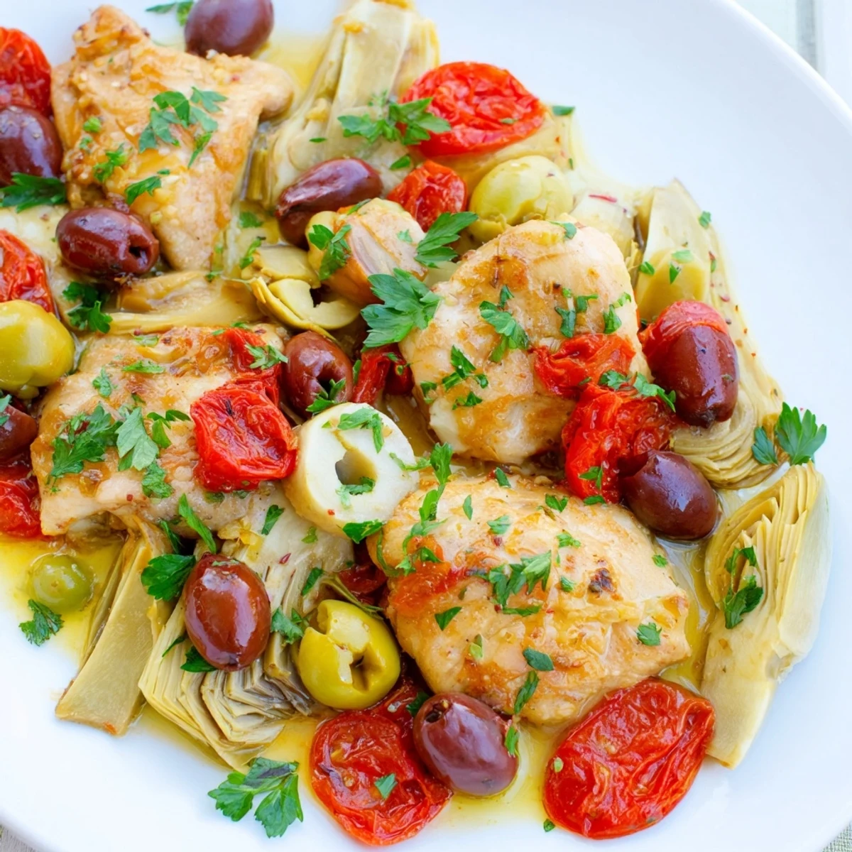 A rustic oven baked Mediterranean Lemon Chicken dish served with crusty bread to soak up the pan juices.