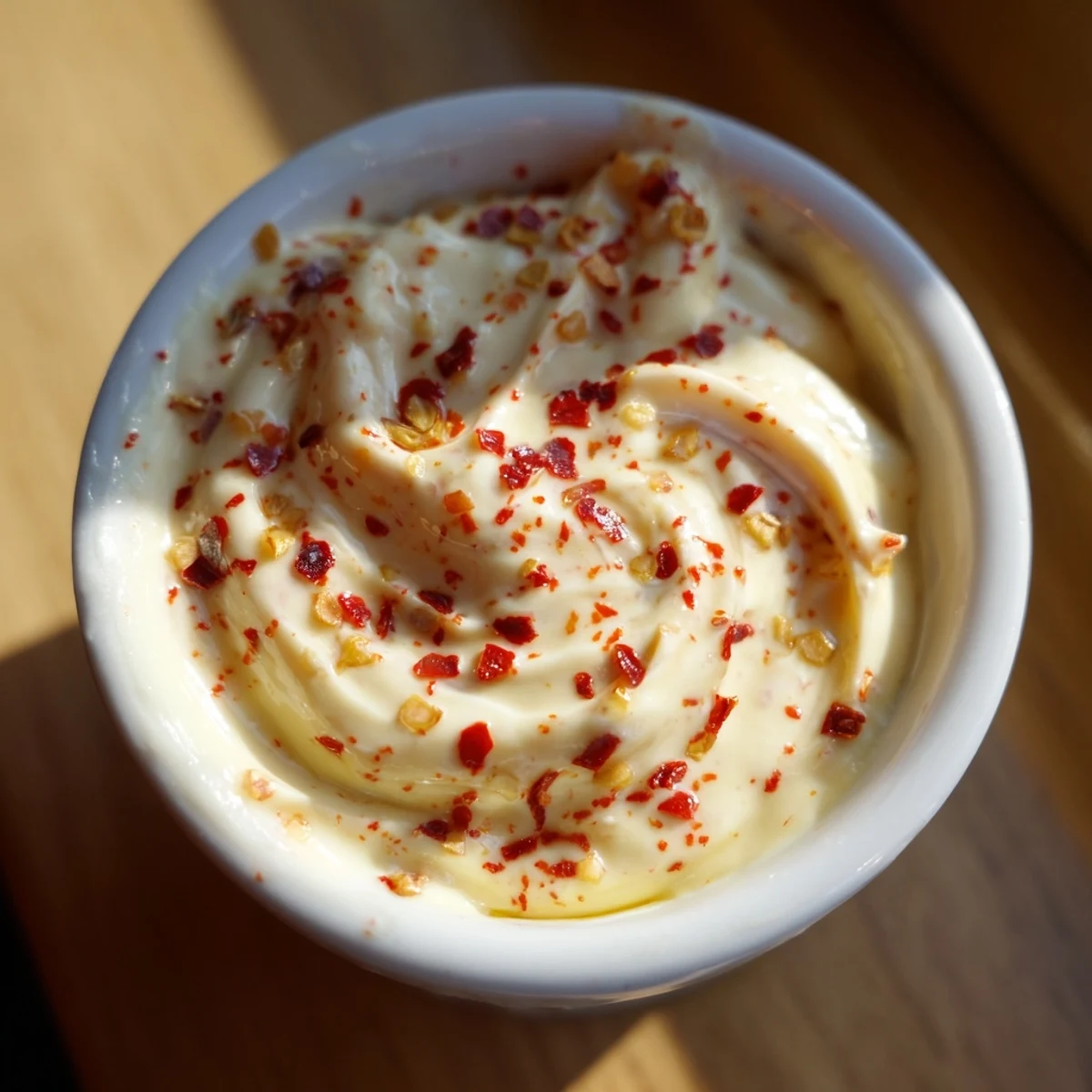 A close-up of vibrant Spicy Aioli, showing its smooth texture as a zesty drizzle over grilled chicken.