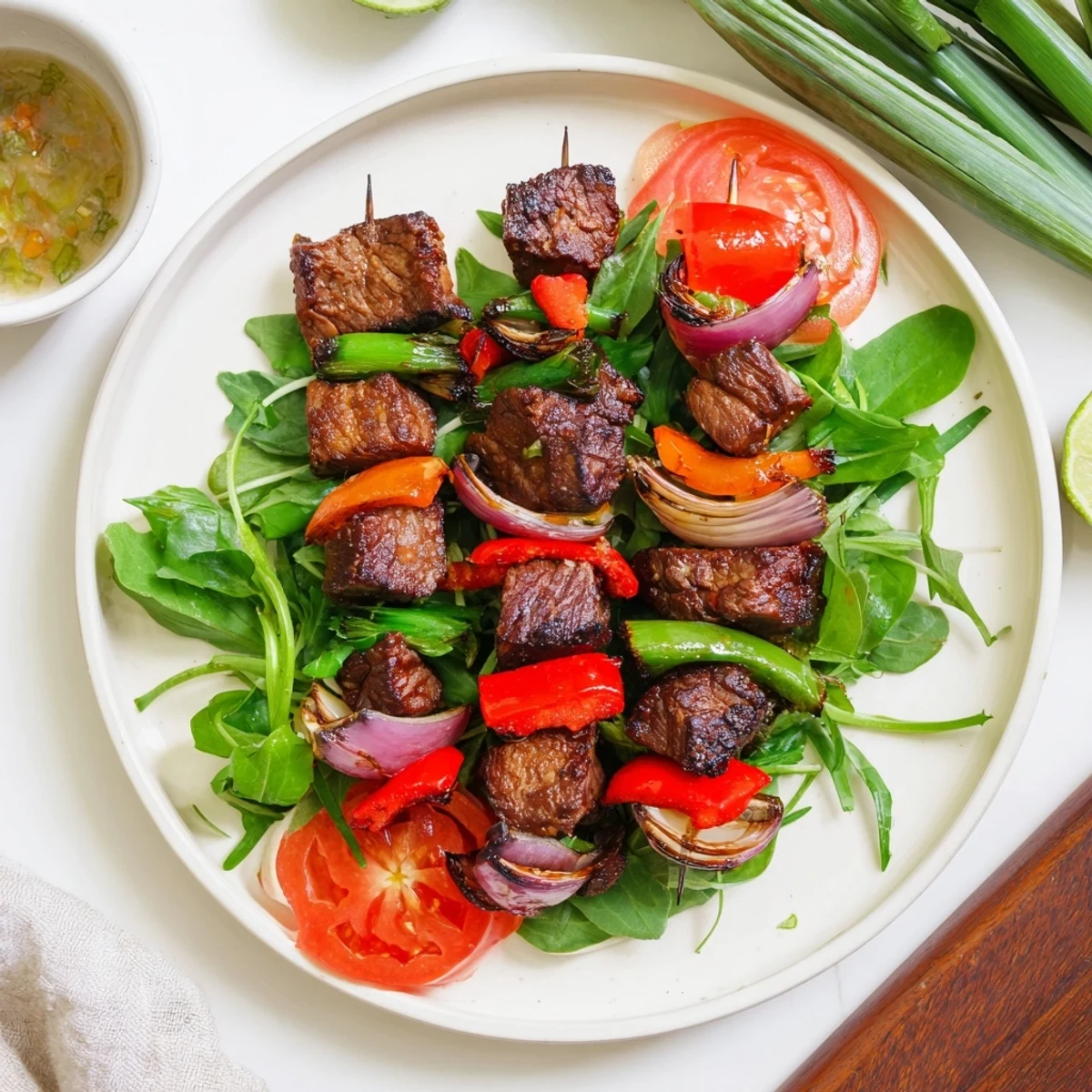 Savory Vietnamese Shaking Beef cubes rest on rice and watercress with a small bowl of tangy lime sauce.