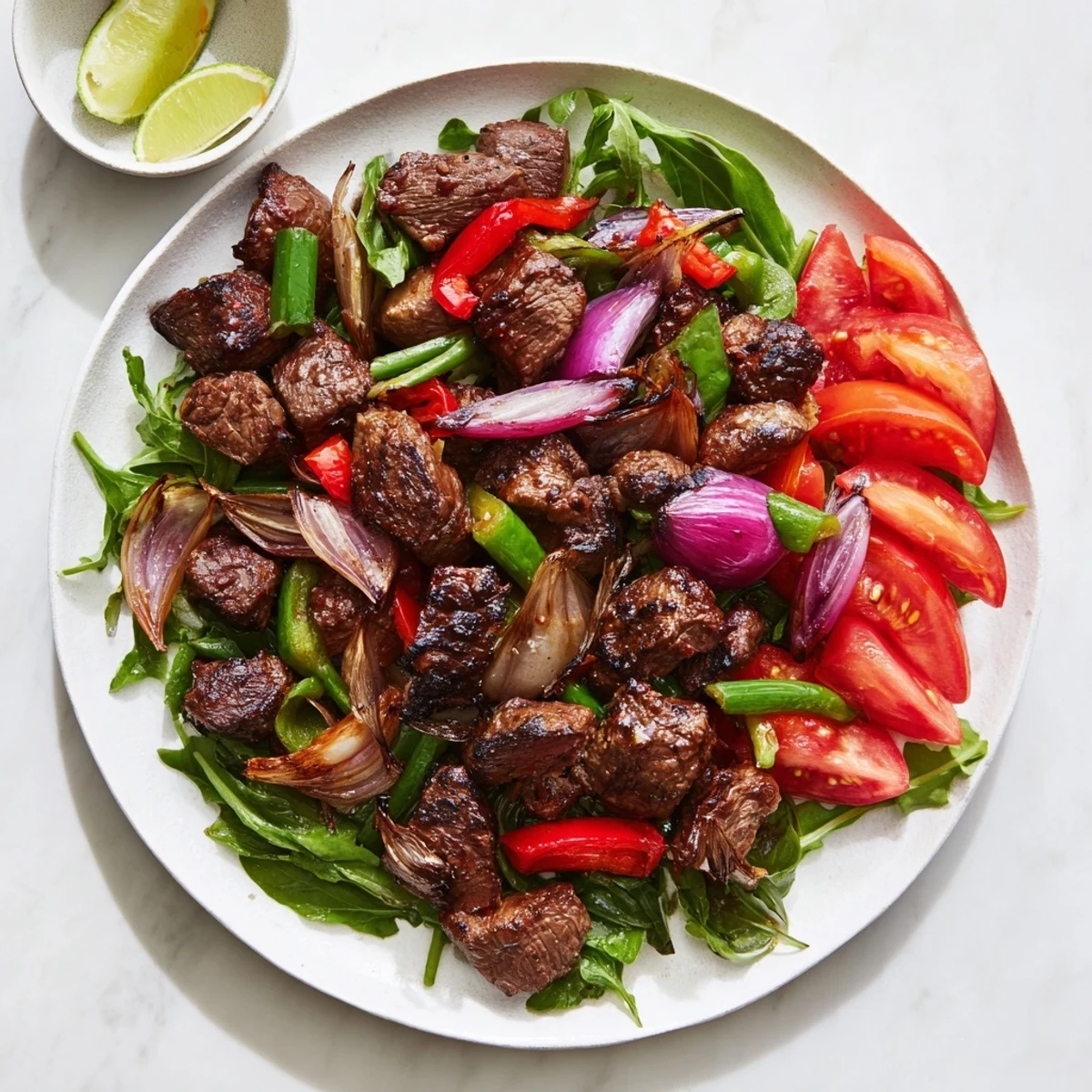 A close-up of juicy Vietnamese Shaking Beef stir-fry, steam rising, ready to serve with sliced tomatoes and herbs.