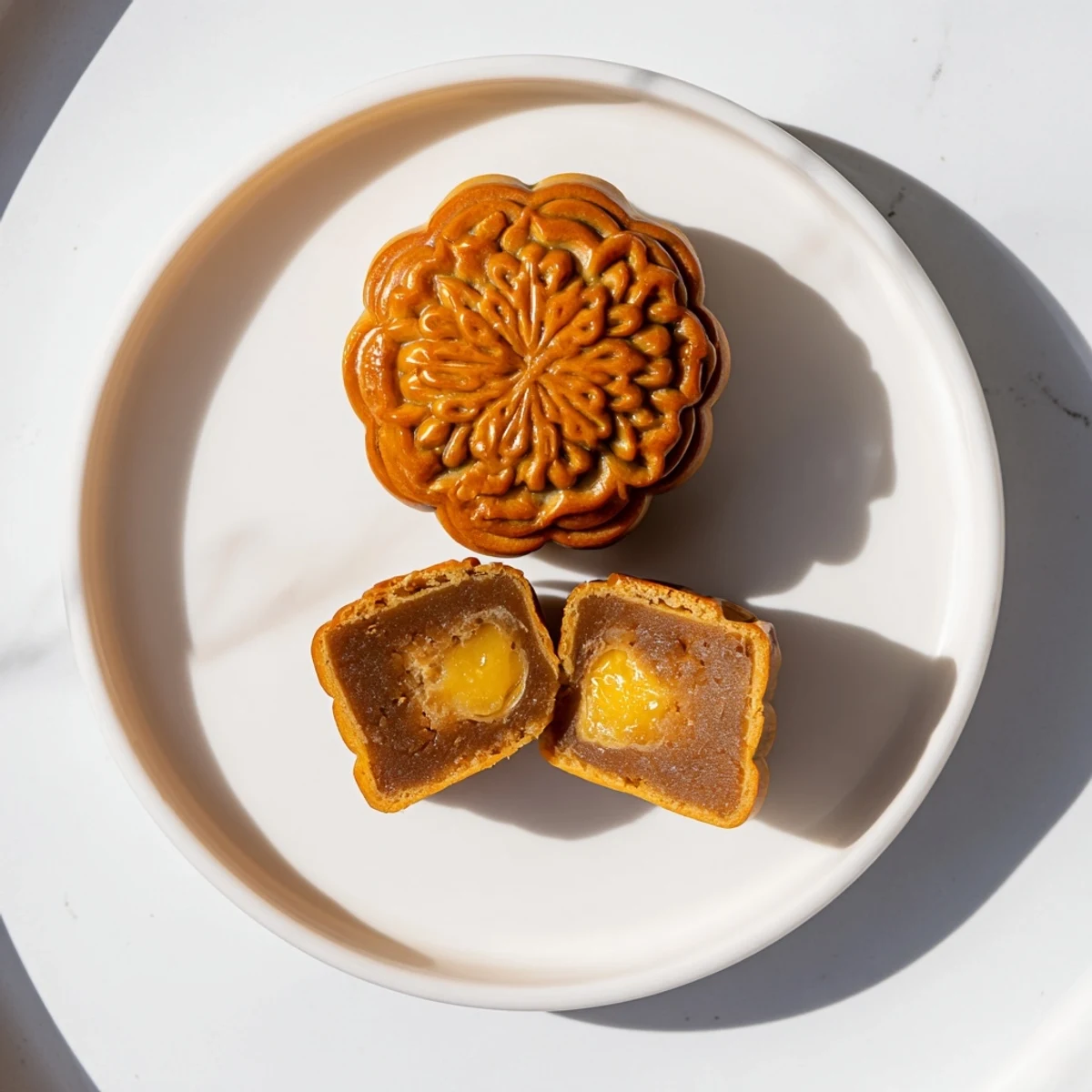 Golden, baked mooncake with a rich lotus seed filling and a tender, flaky pastry crust.