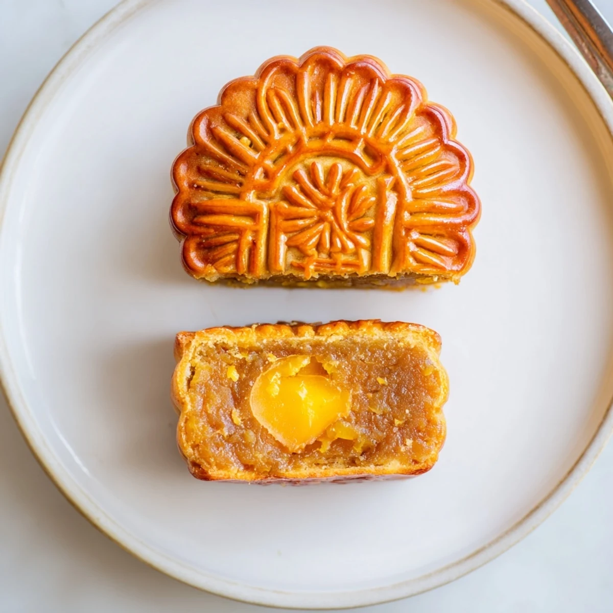 A traditional Chinese mooncake sliced open to reveal a sweet dense interior with salted egg yolk.