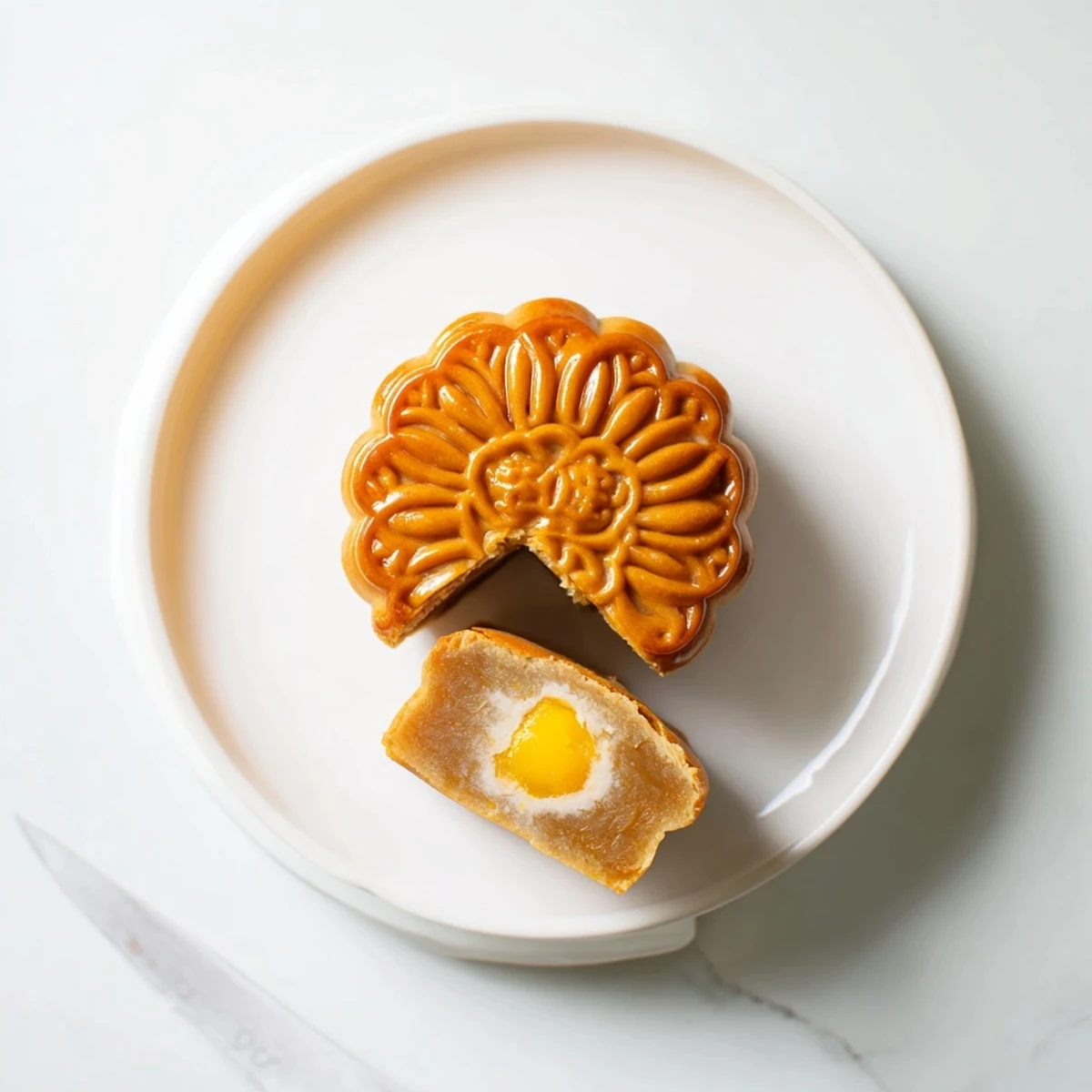 Close up view of a freshly baked mooncake dusted with flour on a wooden tray.