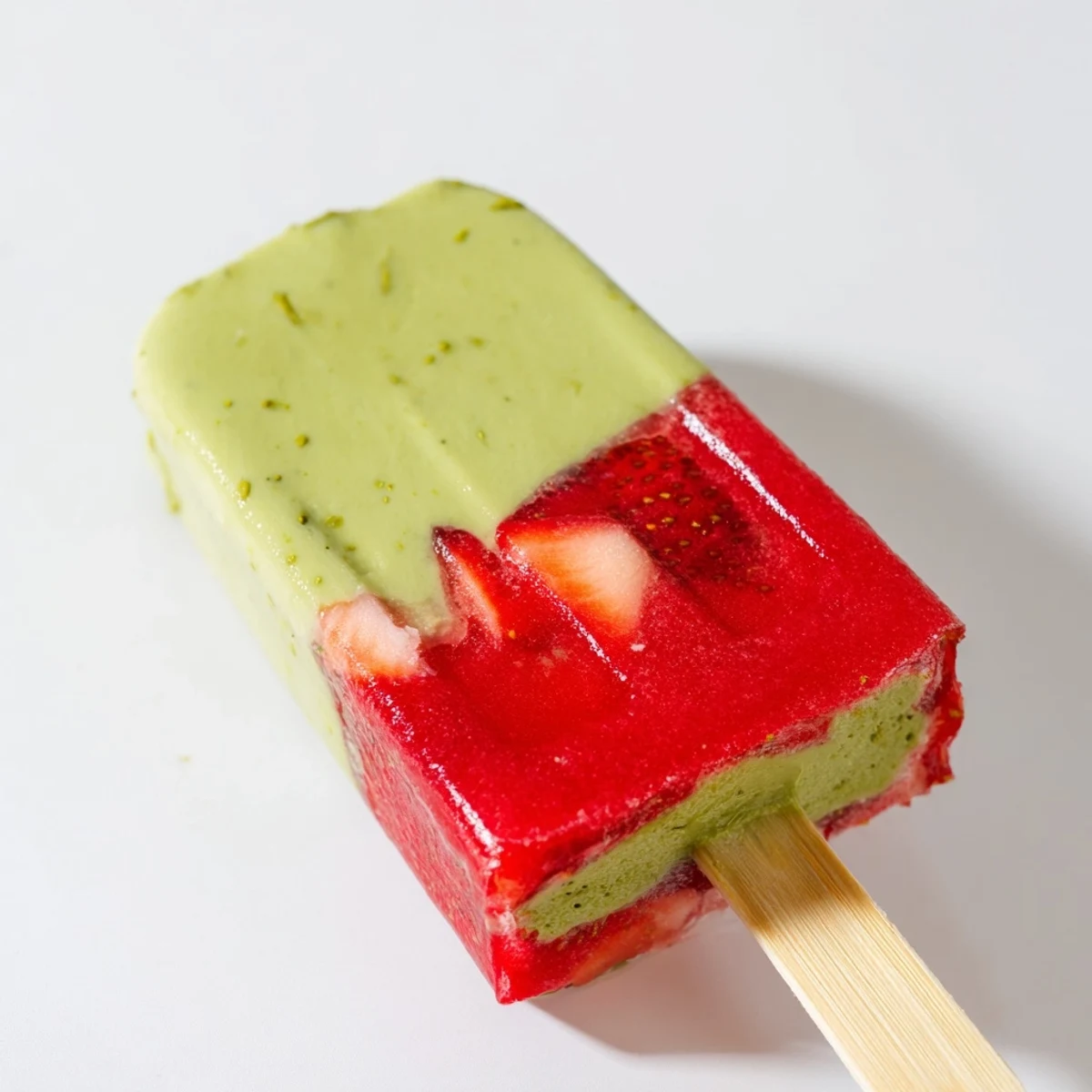 Vibrant layered Strawberry Matcha Latte Popsicles with creamy matcha and fresh strawberry swirls, shown on a rustic wooden table.