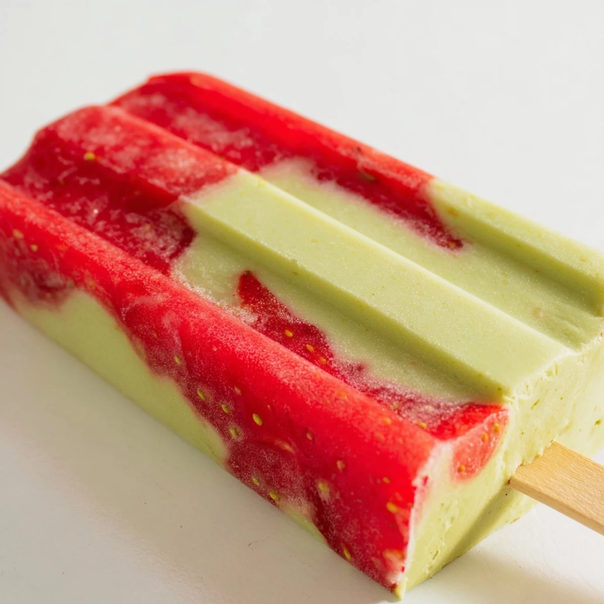 Homemade Strawberry Matcha Latte Popsicles frozen on sticks, garnished with mint leaves and sliced strawberries for a refreshing summer treat.