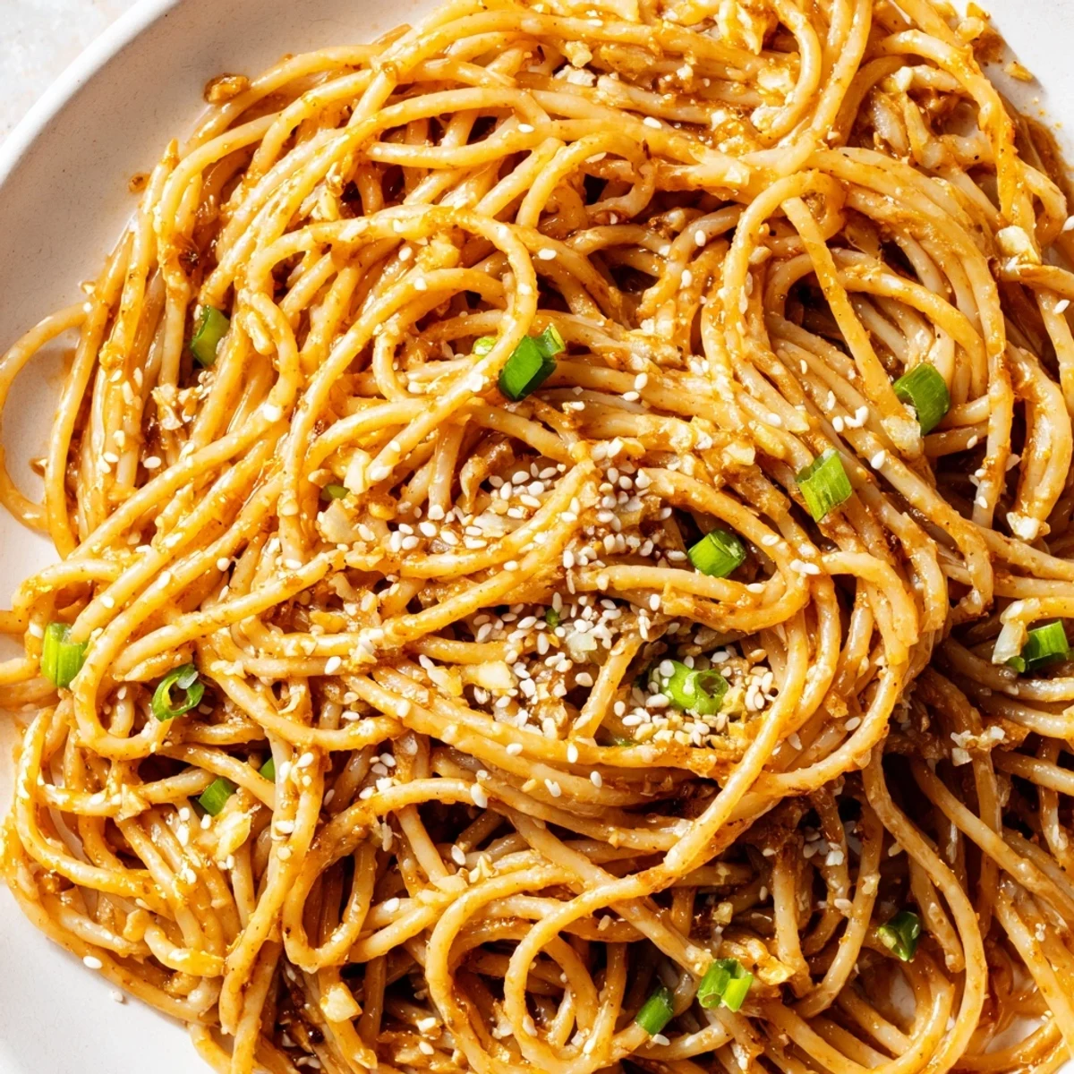Creamy Garlic Noodles glistening with butter and golden minced garlic, served in a shallow white bowl with chopped scallions and sesame seeds.