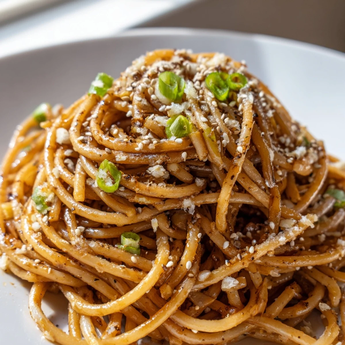 Close-up of Garlic Noodles with tender spaghetti strands coated in rich garlic butter sauce, topped with green scallions for a fresh finish.