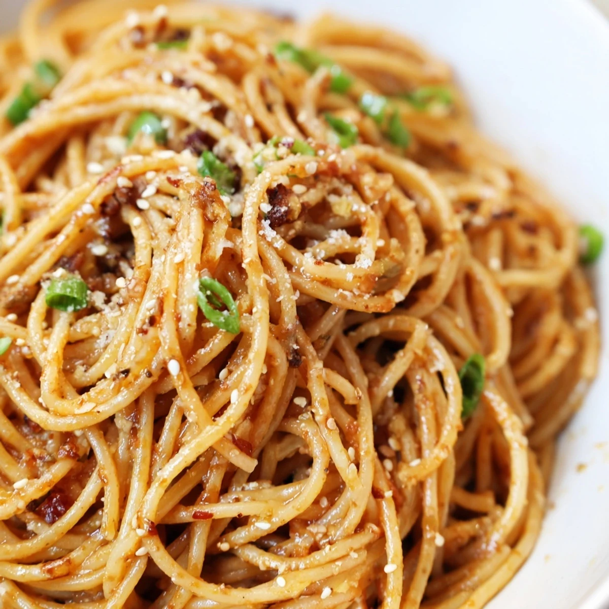 A steaming skillet of Garlic Noodles tossed in a glossy, savory sauce, garnished with Parmesan and ready to serve as a main dish.