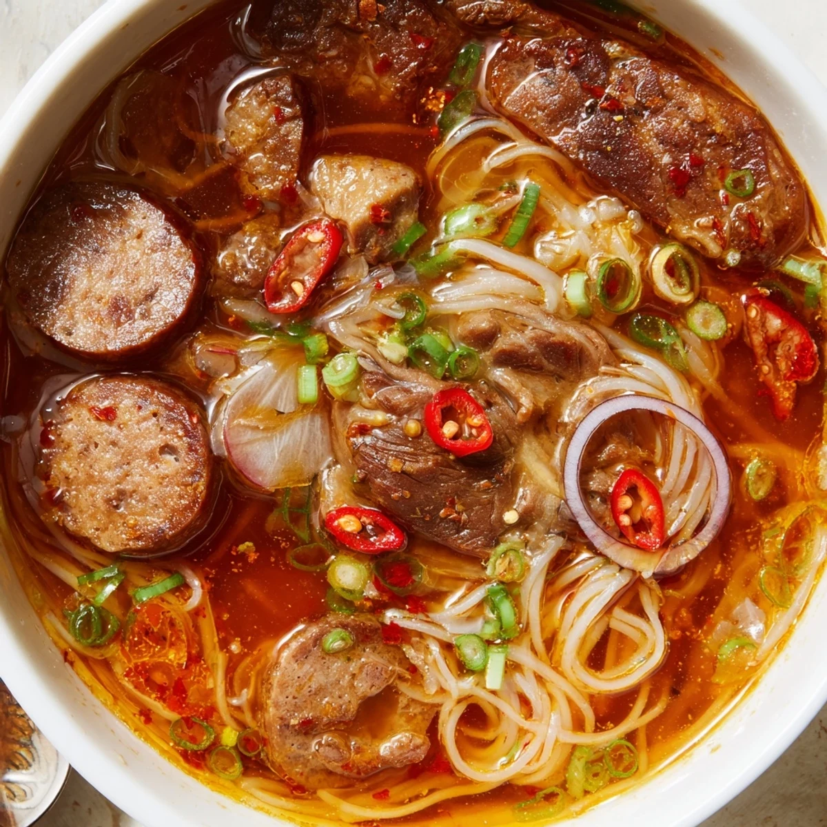 A steaming bowl of Bun Bo Hue with thick rice noodles and tender beef slices garnished with fresh herbs and lime wedges.