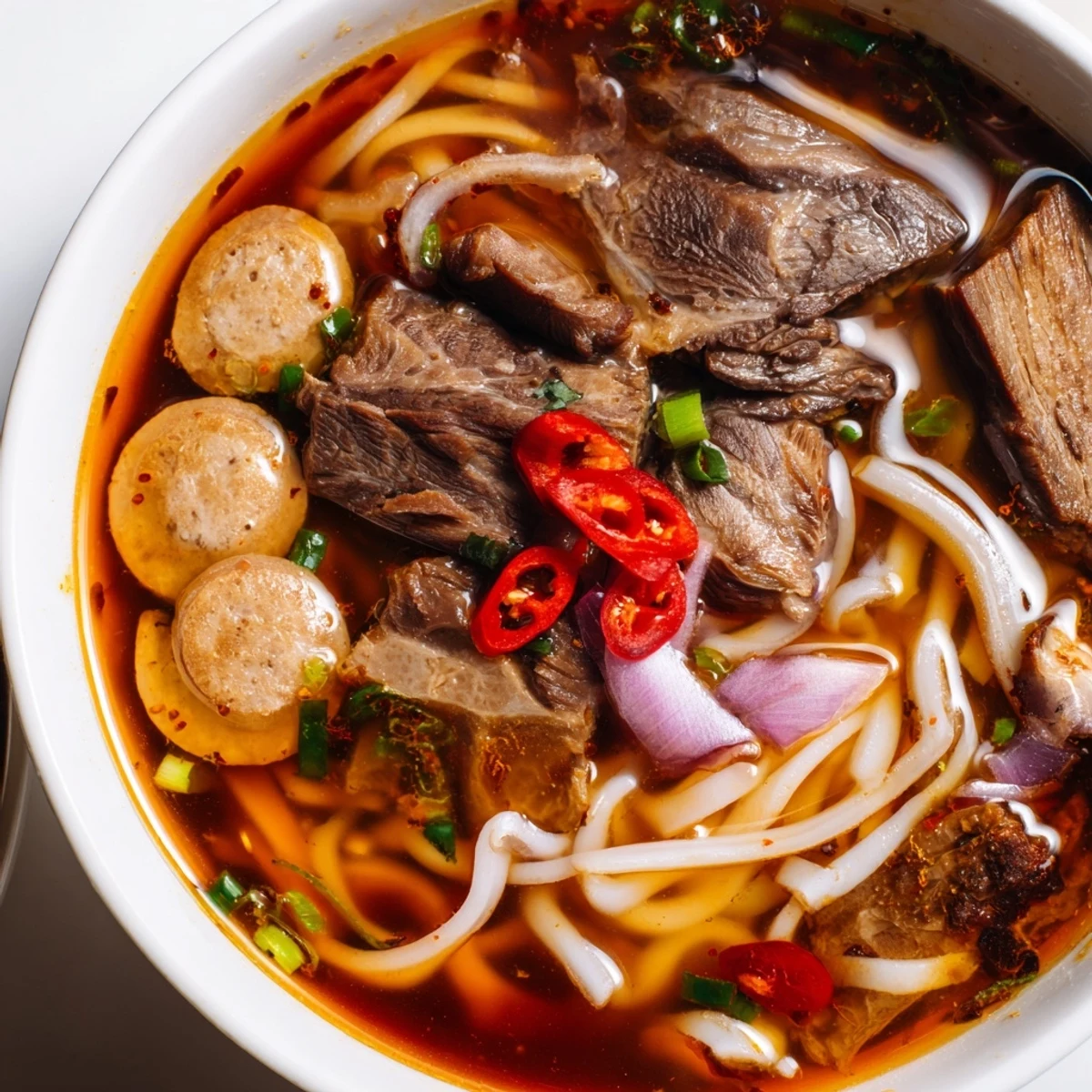 Spicy Bun Bo Hue aromatic broth poured over noodles topped with cha lua pork sausage and vibrant bean sprouts on a rustic table.