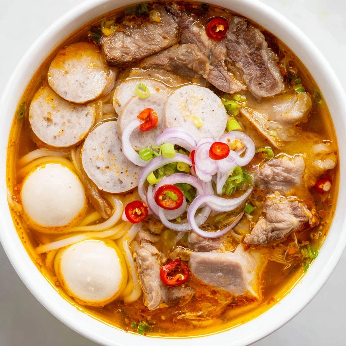 Close-up of Bun Bo Hue featuring rich chili oil drizzle, beef shank pieces, and crunchy banana blossom garnish ready to serve.