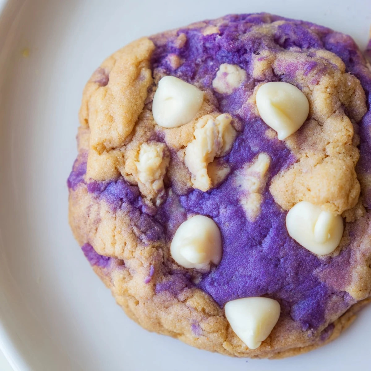 Sturdy White Chocolate Ube Cookies show gooey white chips and deep purple color on parchment.
