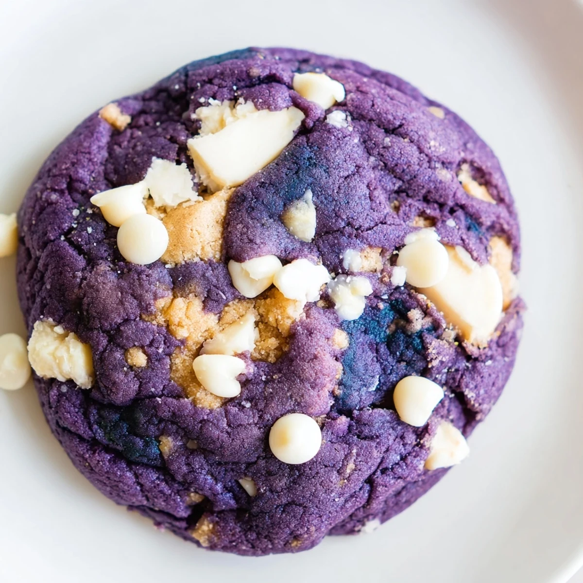 Freshly baked White Chocolate Ube Cookies with purple hues and creamy chips on a cooling rack.