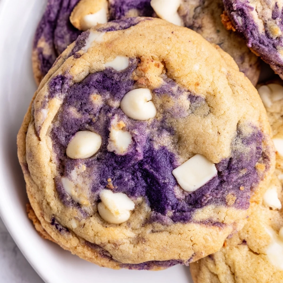 Elegant White Chocolate Ube Cookies plated with milk, highlighting vibrant ube and melted chips.